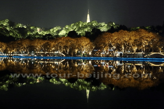 Baoshu Pagoda atop the Precious Stone Hill with its reflection on the water