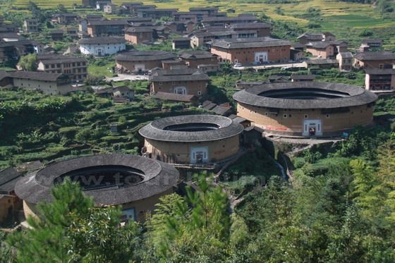 Have a close look at the group of Tulou buildings, circular or rectangular.