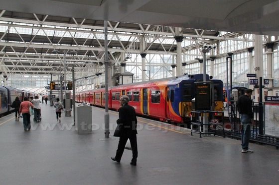 Inside the platform of Waterloo Railway Station in London
