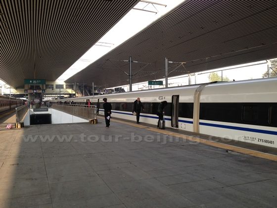 On the platform board the highspeed train going to Beijing