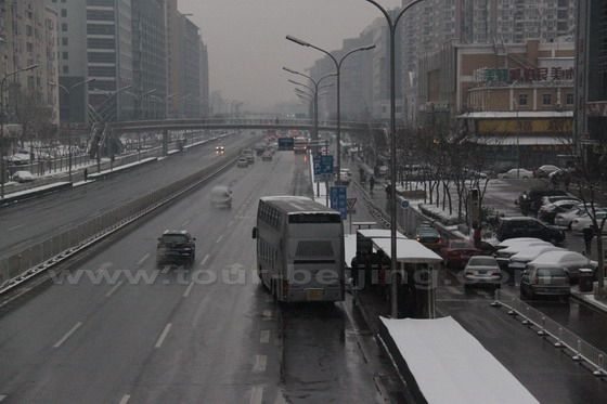 The snow on the main roads have melted partly due to the anti-freezing agent and the wet snow.