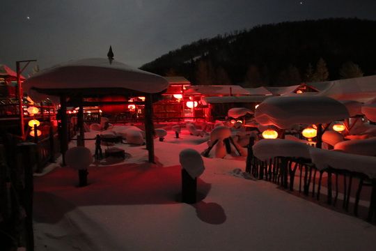 Traditional houses with a large courtyard, mushrooms and snow balls