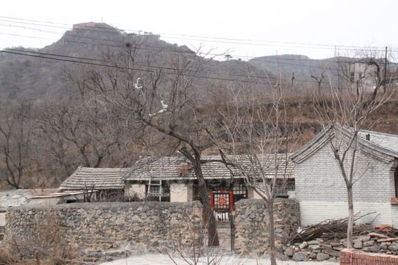 We see an old courtyard house flanked by a new brick house